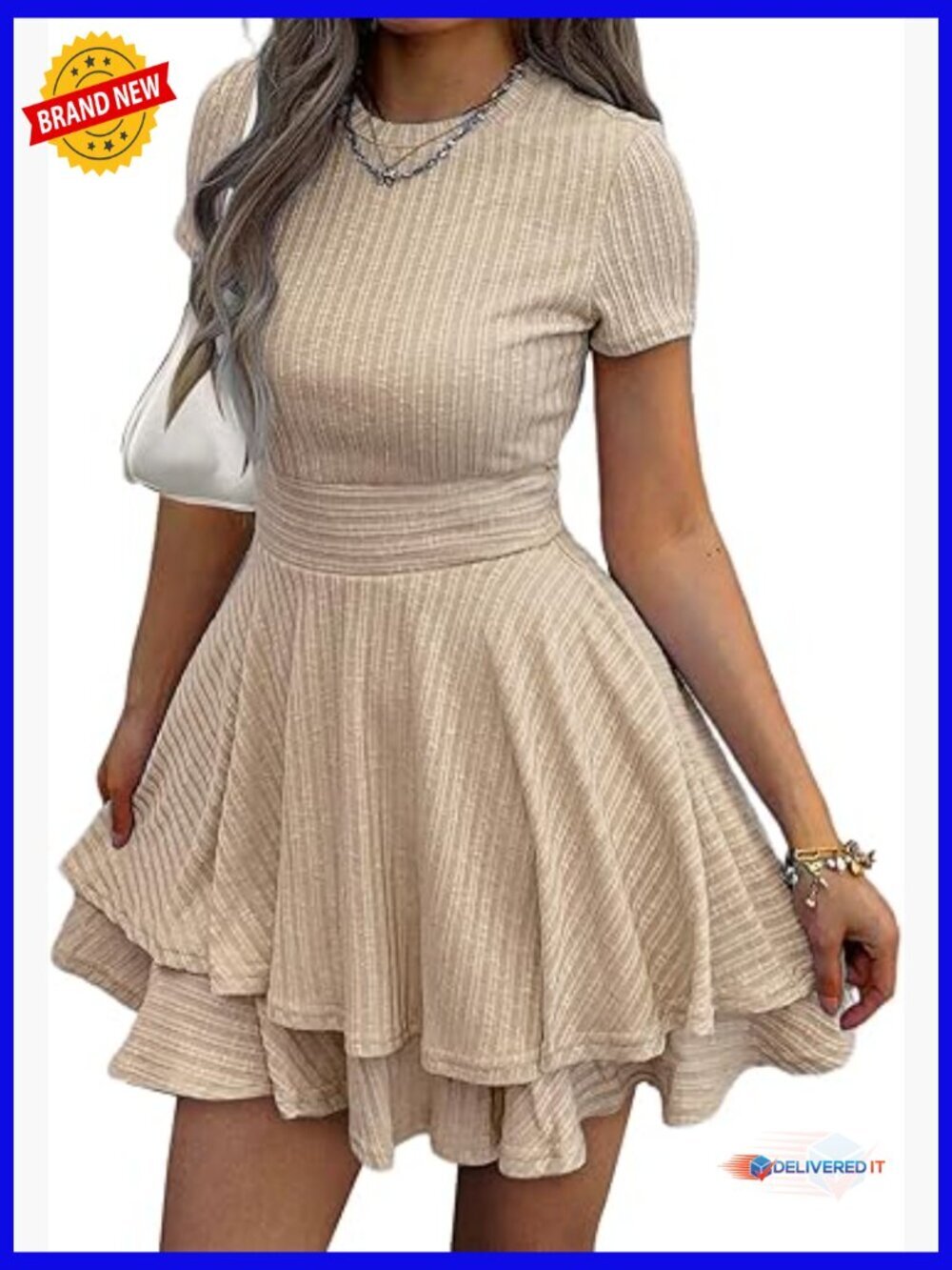 Crochet Knit Tiered Sundress Mini Short Sleeve Flowy Fit and Flare